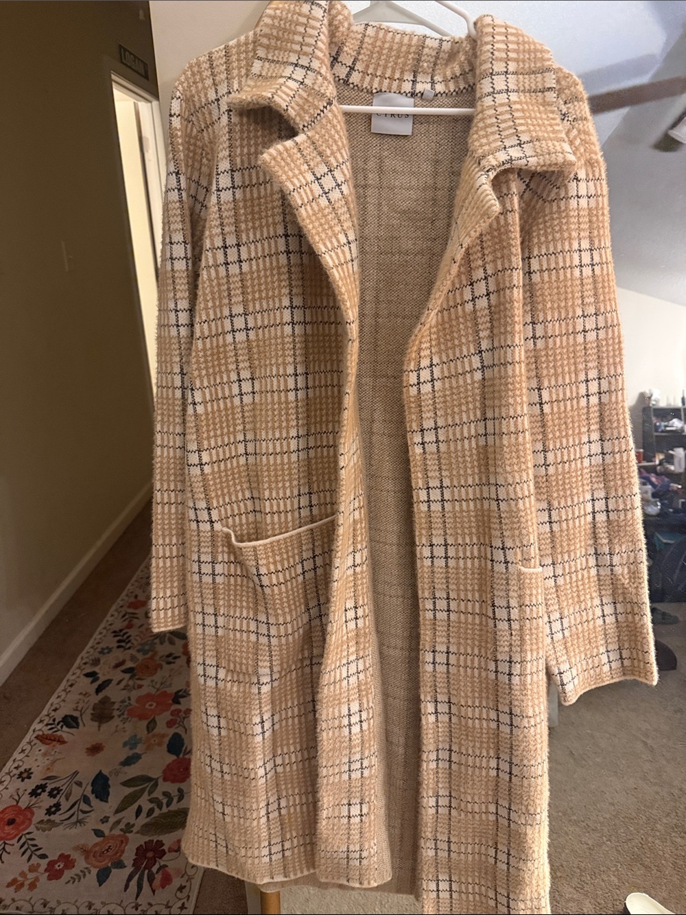 Beige Plaid Knit Open Cardigan Coat